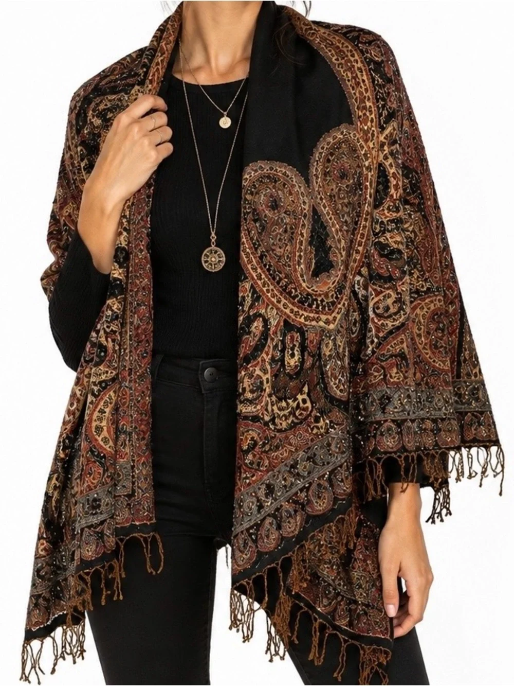 Beaded Paisley Fringe Scarf Shawl Wrap Boho Festival Black Brown OS